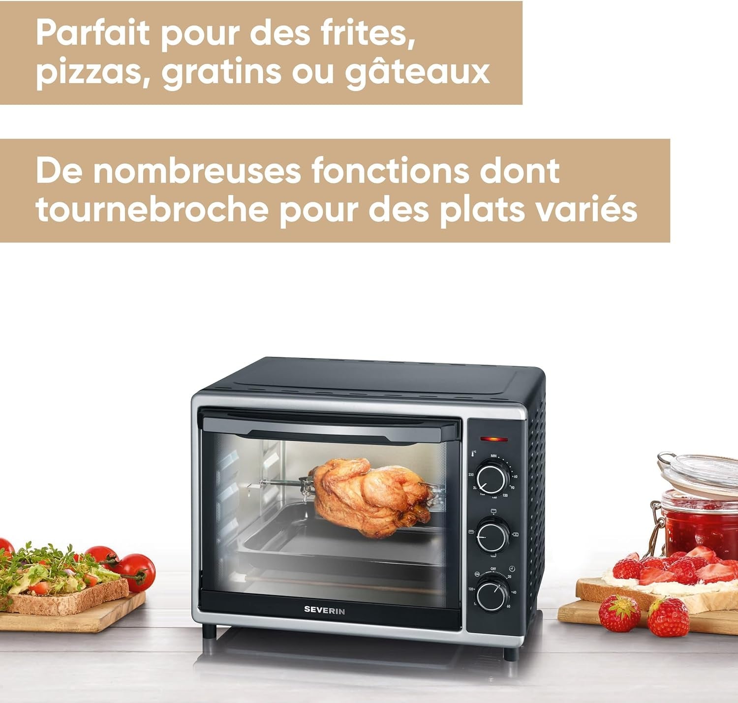 Mini-Four À Chaleur Tournante 30 L Avec Tournebroche, Four Posable 1 600 W Design Simple Et Élégant Électrique Avec Minuteur 120 Min, Noir/Inox, to 2056