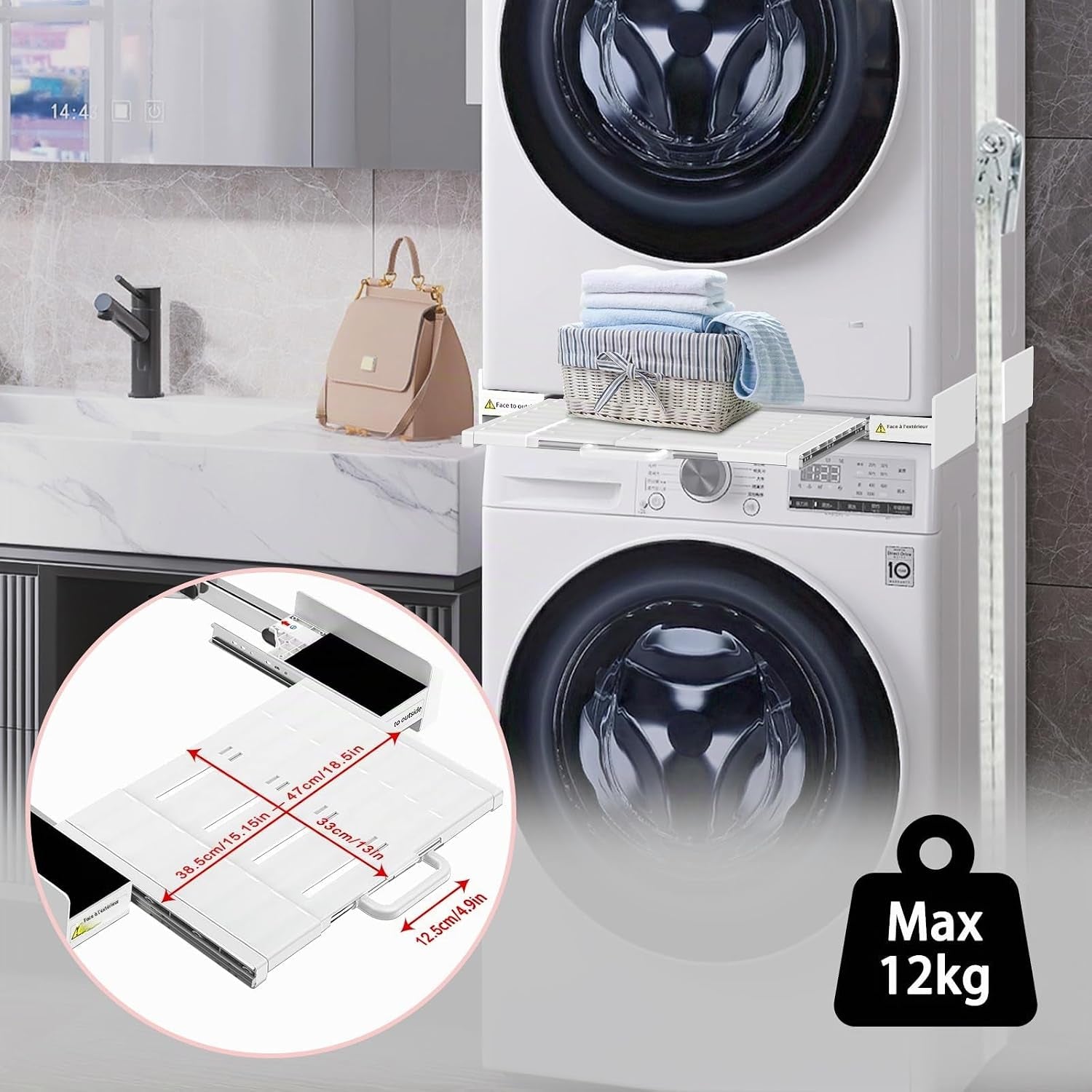 Cadre Intermédiaire Pour Laver Avec Étagère | Cadre De Connexion Universel Pour 53-68 Cm Machine À Laver, Kit Intermédiaire Avec Porte-Serviettes Extensible
