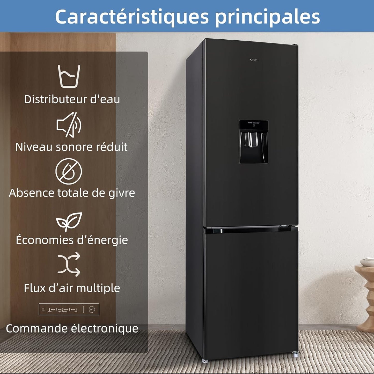 250L Réfrigérateur Autoportant Sans Givre,250L,Congélation À -24℃, Électronique Tactile, Compresseur Avec Garantie De 12 Ans, Distributeur D'Eau, Faible Niveau Sonore De 39 Db, Noir