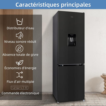 250L Réfrigérateur Autoportant Sans Givre,250L,Congélation À -24℃, Électronique Tactile, Compresseur Avec Garantie De 12 Ans, Distributeur D'Eau, Faible Niveau Sonore De 39 Db, Noir