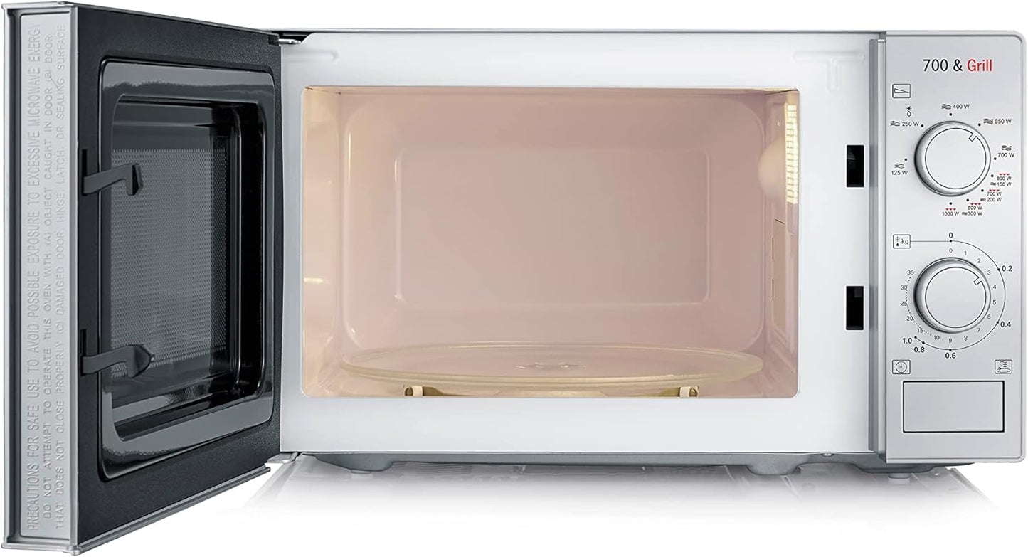 Four À Micro-Ondes Gril 20 L, Four Micro-Onde Avec 9 Niveaux De Puissance, Jusqu'À 1000 W, Micro-Onde Avec Grille, Minuteur 35 Min, Plateau Tournant Amovible (Ø 25,4 Cm), Argent, MW 7900
