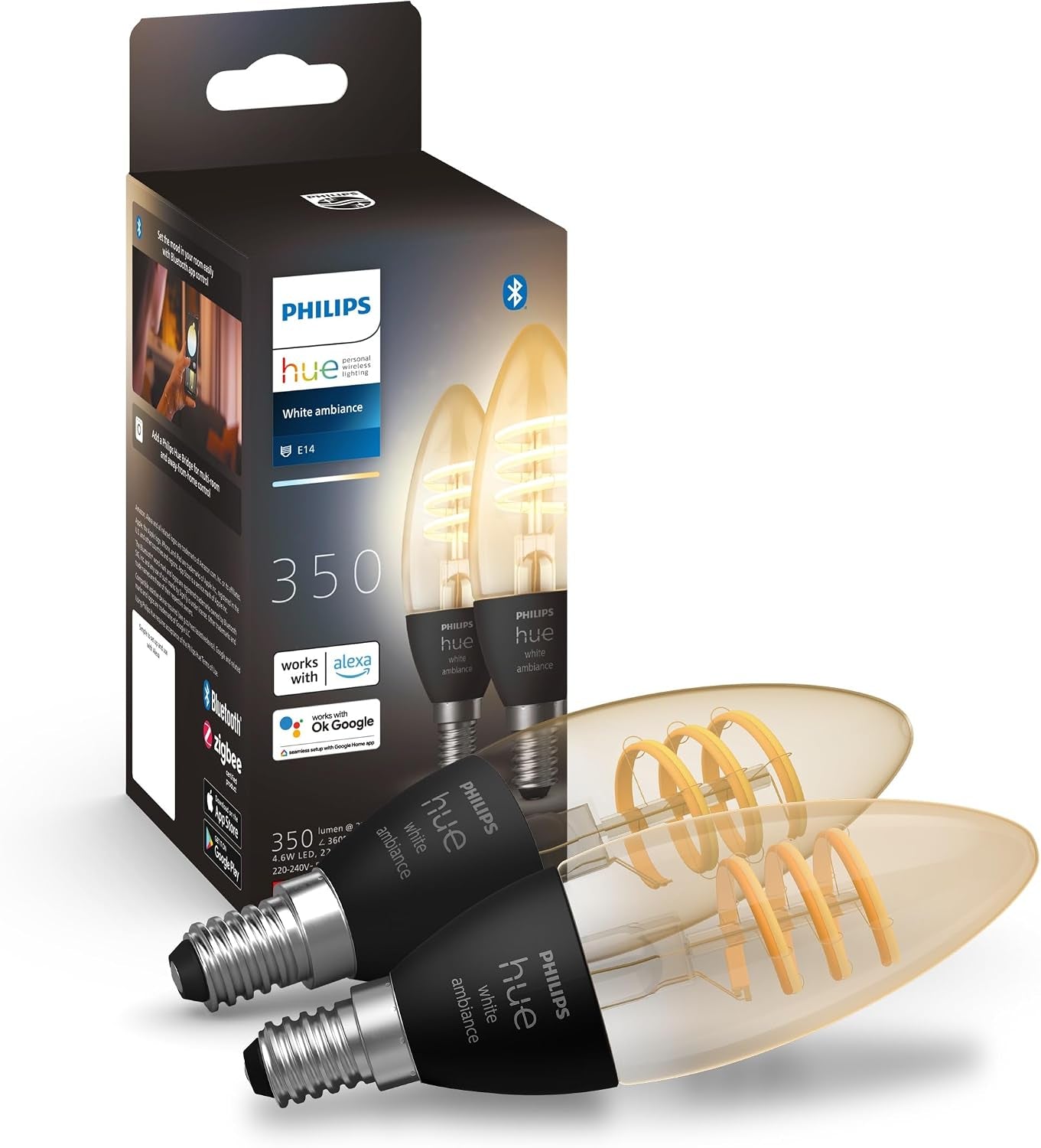 Philips Hue White Ambiance, Ampoule Vintage Filament E14, Compatible Bluetooth, Format Flamme, Pack De 2, Fonctionne Avec Alexa, Google Assistant Et Apple Homekit
