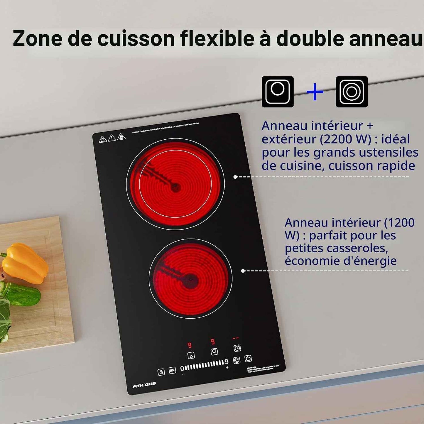 Plaque Vitrocéramique 2 Feux Encastrable – 3400W, 9 Niveaux De Puissance, Minuteur, Arrêt Automatique, Verrouillage Enfant, Indication De Chaleur Résiduelle