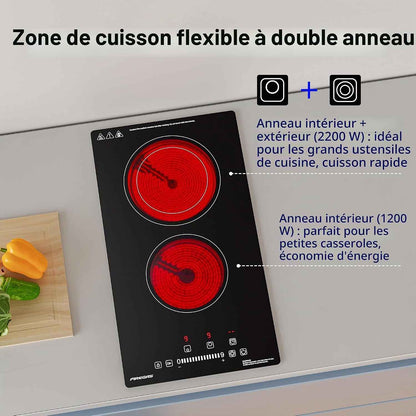 Plaque Vitrocéramique 2 Feux Encastrable – 3400W, 9 Niveaux De Puissance, Minuteur, Arrêt Automatique, Verrouillage Enfant, Indication De Chaleur Résiduelle