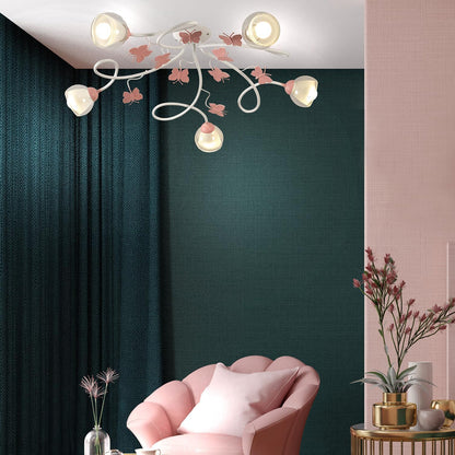 4924/PL5 Plafonnier, Métal Verre, Blanc/Rose, 5 Luci