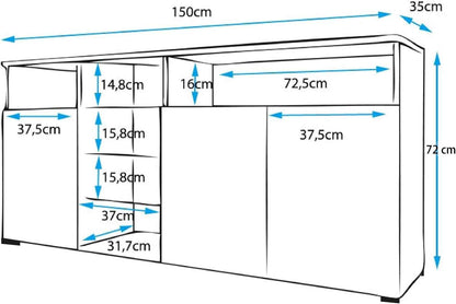 | Buffet Clark Avec Lumière LED Et 3 Portes Pour Salon Et Salle À Manger | Meuble Moderne En Mélamine Brillante | Couleur Blanc | 150X72X35 Cm