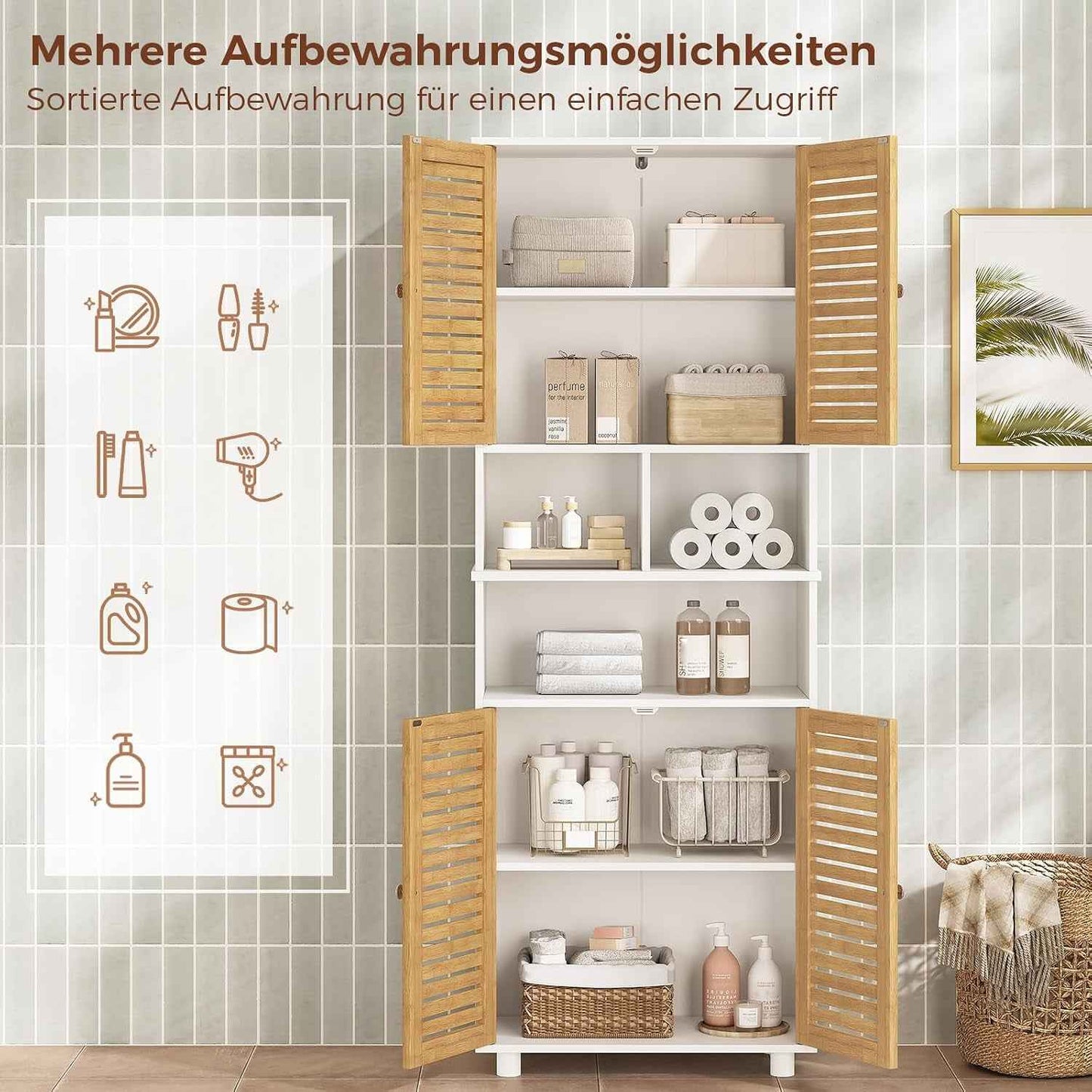Meuble Colonne De Salle De Bain, Armoire Haute Cuisine Avec 3 Étagères Réglables Et Ouvertes, 4 Portes En Bambou, Meuble De Rangement Pour Salon, Cuisine, Salle De Bain, 60X30X170 Cm