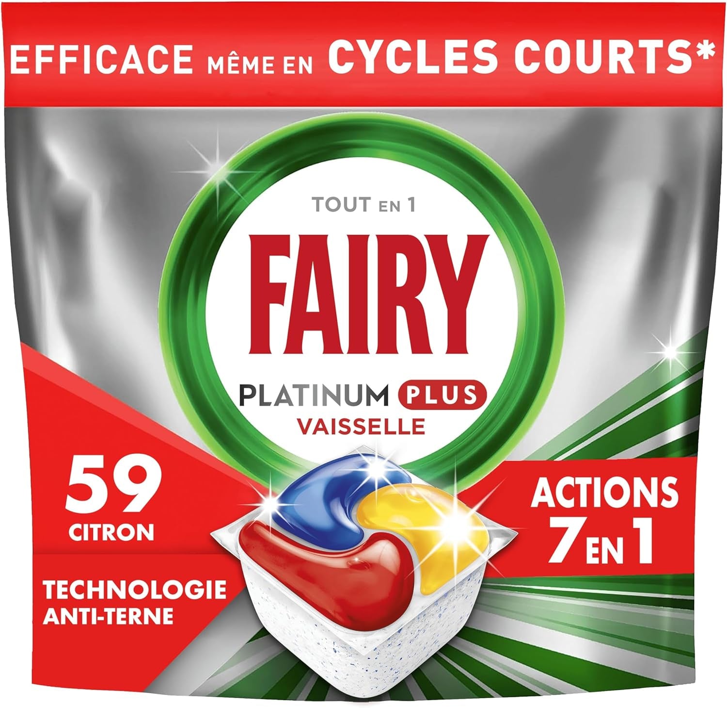 Platinum plus Tout-En-1 Pastilles Lave-Vaisselle, 59 Capsules, Citron, Technologie Anti-Terne, Nettoyage Optimal Pour Une Vaisselle Propre Comme Neuve, Redonne De L’Éclat Et Prévient Le Calcaire