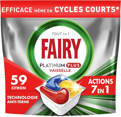 Platinum plus Tout-En-1 Pastilles Lave-Vaisselle, 59 Capsules, Citron, Technologie Anti-Terne, Nettoyage Optimal Pour Une Vaisselle Propre Comme Neuve, Redonne De L’Éclat Et Prévient Le Calcaire