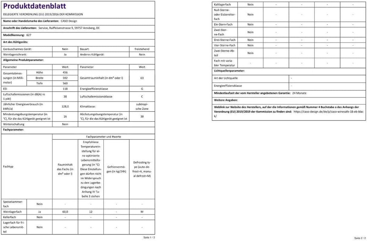 Caso 627 Vin Réfrigérateur Montage Encastré ()/A/44,5 Cm/138 Kwh/An/18 Bouteilles Partie Réfrigérateur/Congélateur Partie Isotherme/Électronique De Température Réglable De 5–20 °C/Noir