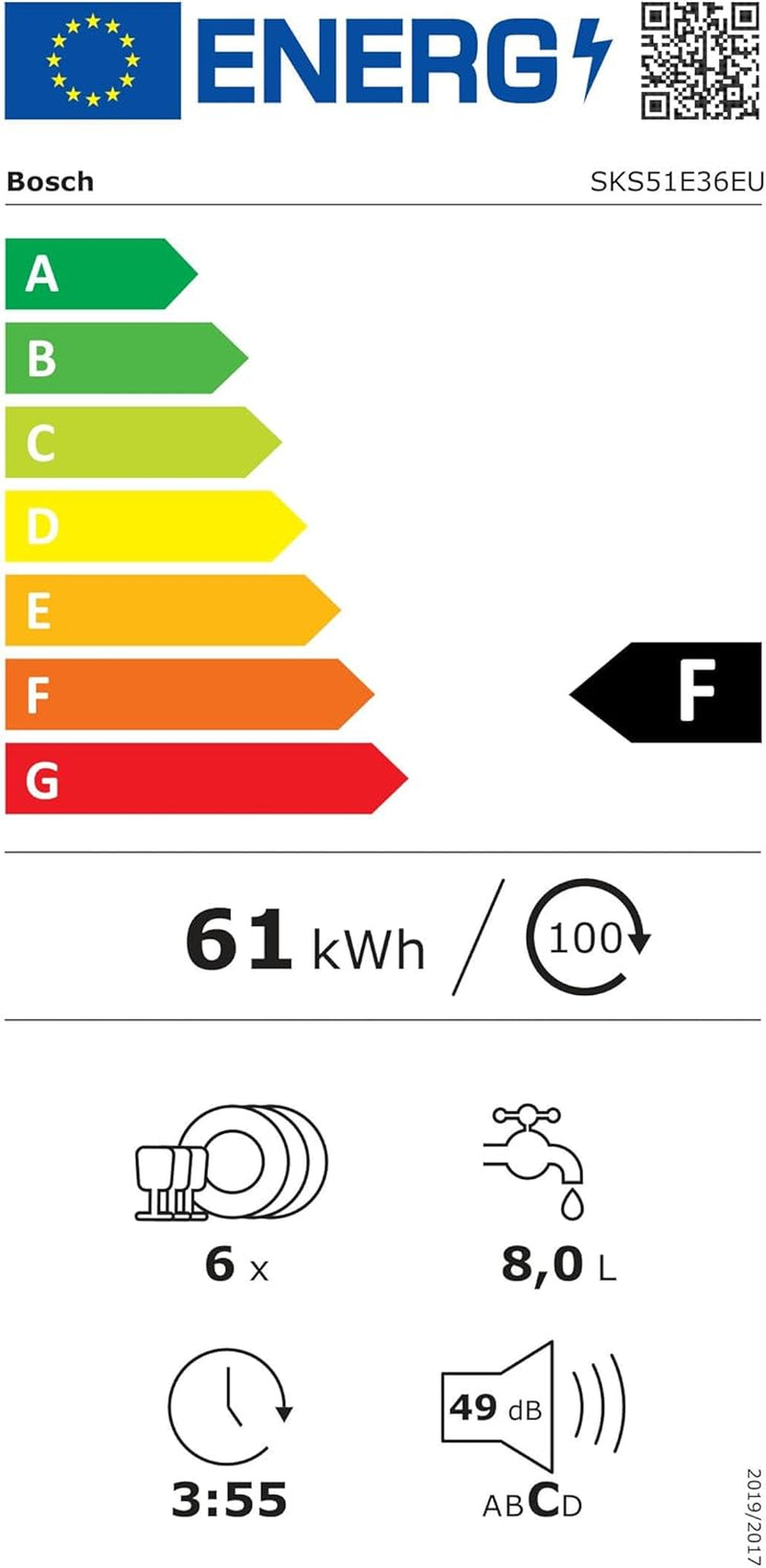 SKS51E36EU - Lave-Vaisselle Compact Série 2 - Pose-Libre, 55 Cm - 6 Couverts - 5 Programmes - Moteur Ecosilence Drive - Noir