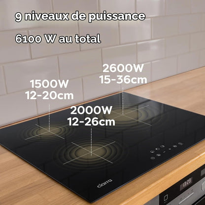 Plaque Induction 3 Feux Encastrable 6100W - Commande Tactile - En Verre Microcristal - Verrouillage Enfant - Fonction Pause - ASBIH3