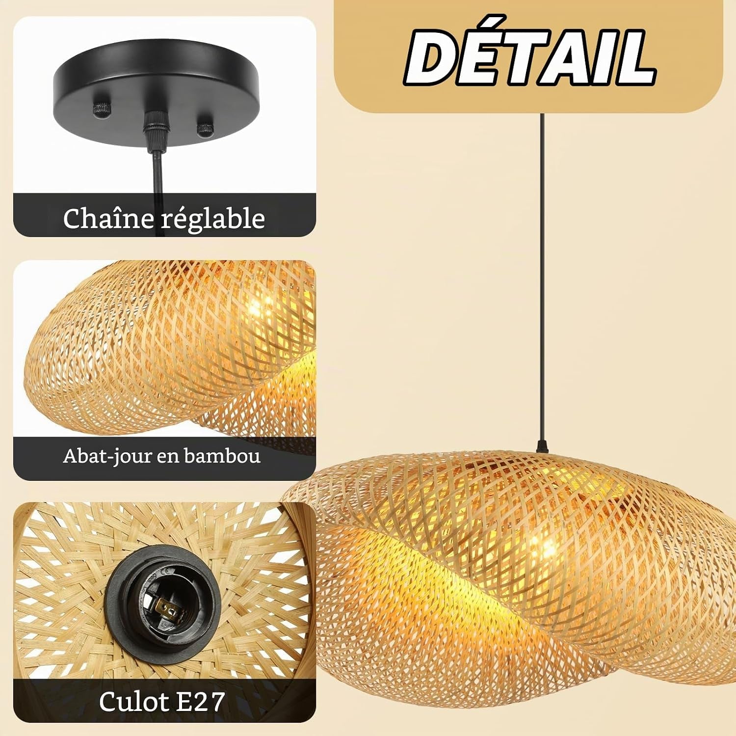 Créativité Suspension Luminaire,Chapeau Tissé À La Main Luminaire Plafonnier Bambou Rétro Plafonnier Chambre 100Cm Lustre Salon Pour Cuisine Salle À Manger Salon Restaurant,Paille Légère
