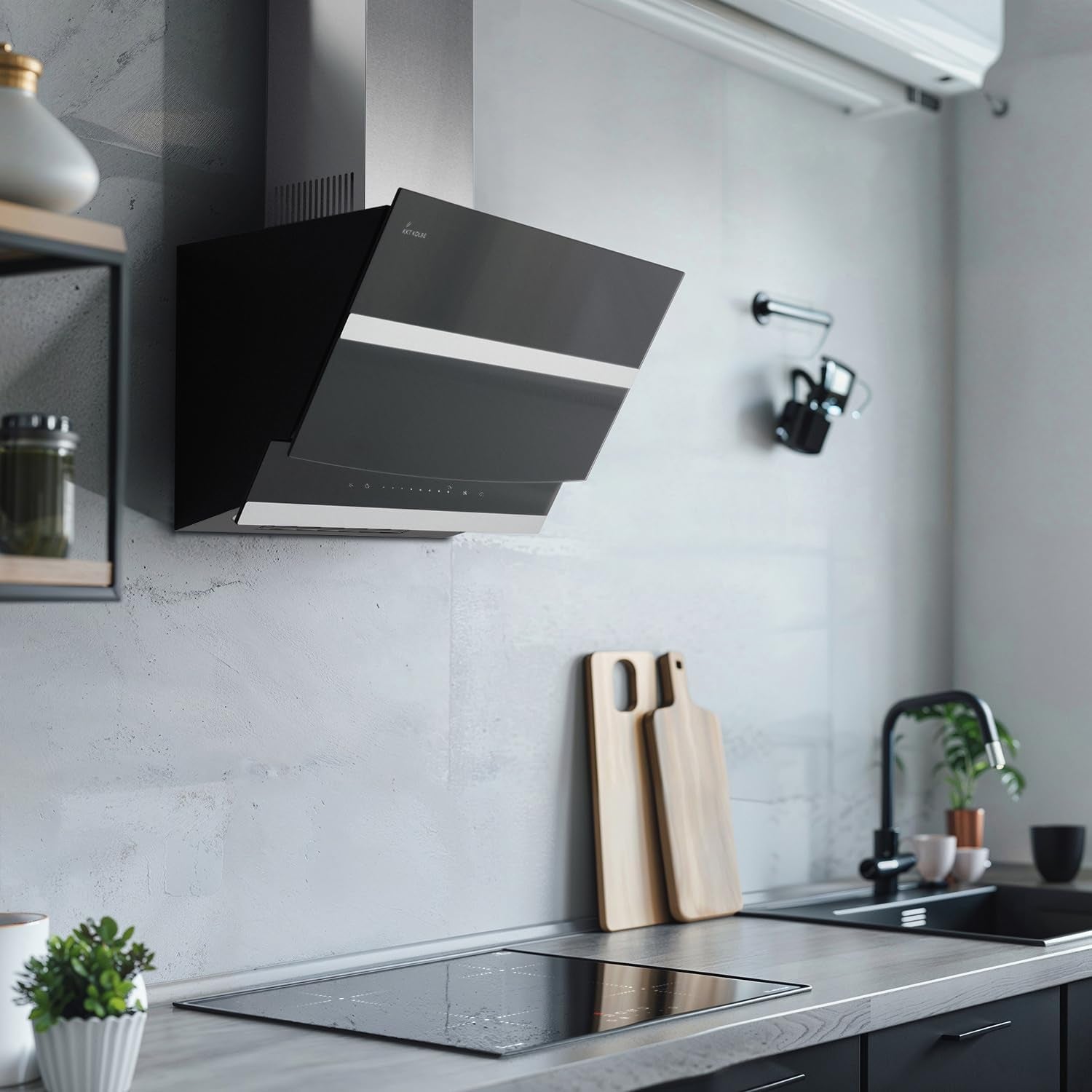Hotte Aspirante Cuisine 60 Cm | Hotte Murale Inclinées | Acier Inoxydable | Verre Noir | Arrête Automatiquement | Opération Tactile | HERMES6005S