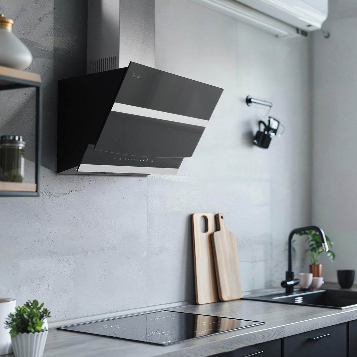 Hotte Aspirante Cuisine 80 Cm | Hotte Murale Inclinées | Acier Inoxydable | Verre Noir | Arrête Automatiquement | Opération Tactile | HERMES8005S