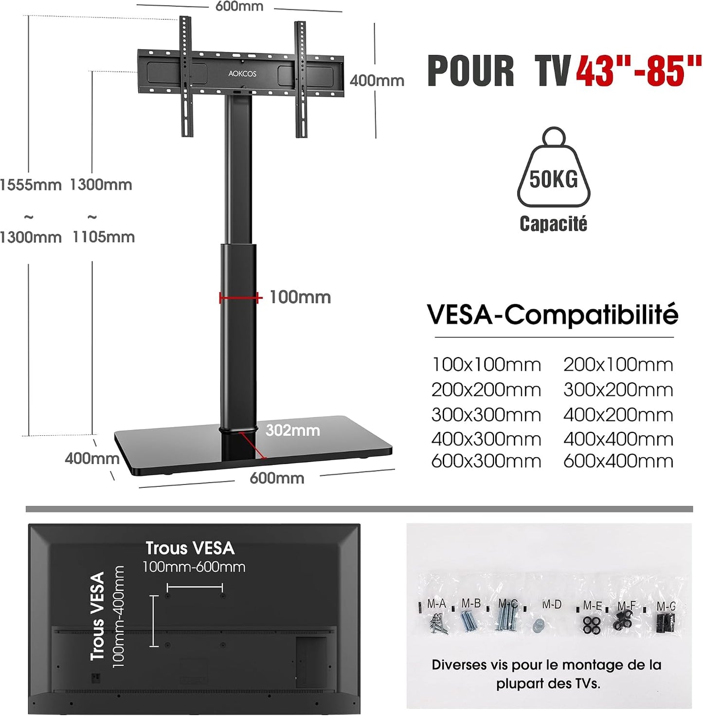 Support TV Sur Pied plus Haut 1,6M Pour 43-85 Pouces,Pied Pour TV Pivotant 50° Inclinable 12° Hauteur Réglable Max VESA 600X400Mm Max Capacité 50 KG (Noir)