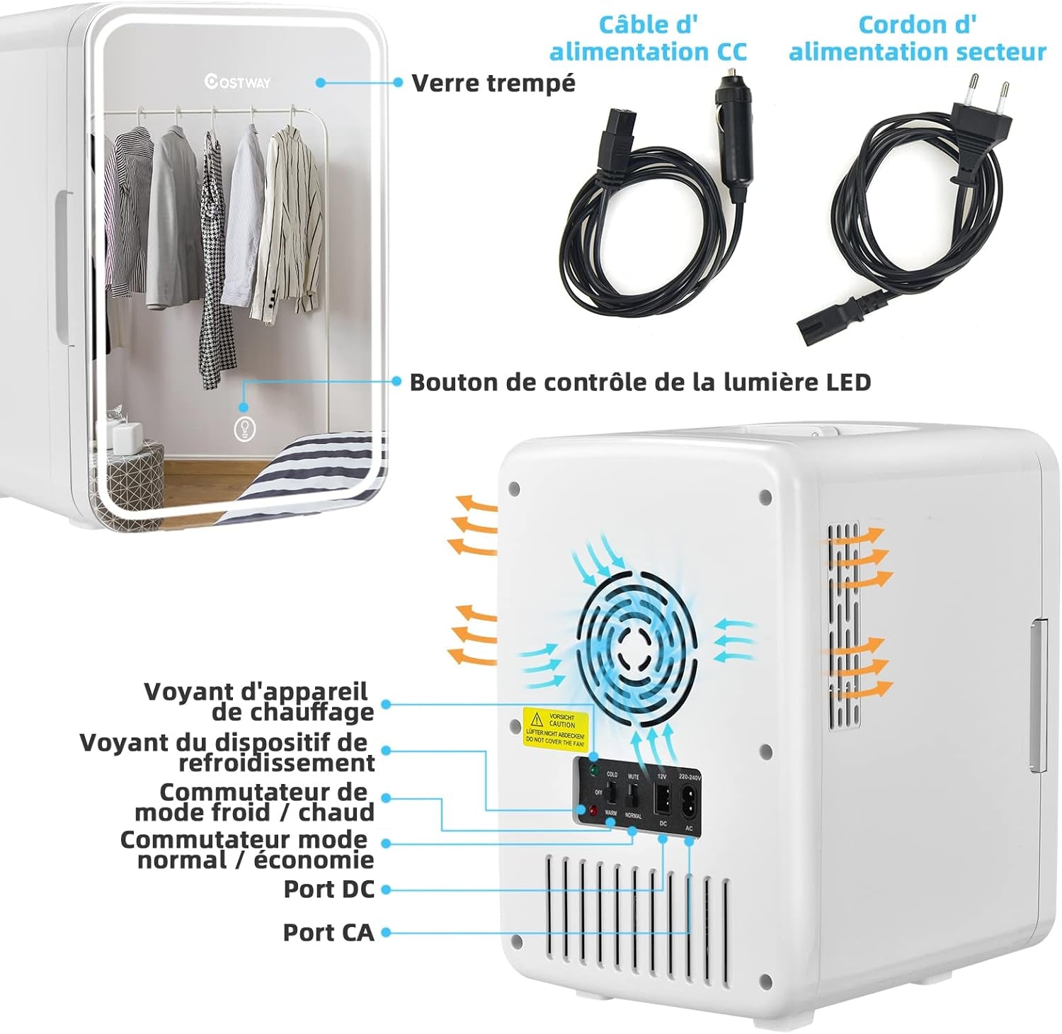 Mini Réfrigérateur 10L Chaud/Froid Portable Avec Miroir LED, Mini Frigo Avec Etagères Amovibles 12V/220V Pour Voiture, Chambre