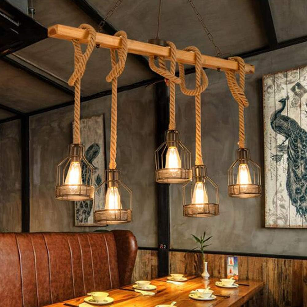 Suspension Rétro Lampe Suspendue Bois Antique E27 Lampe De Salle À Manger Lustre En Corde De Chanvre Chaîne Métallique Industrielle Restaurant Pays Chambre Salon Plafonnier 5 Flammes