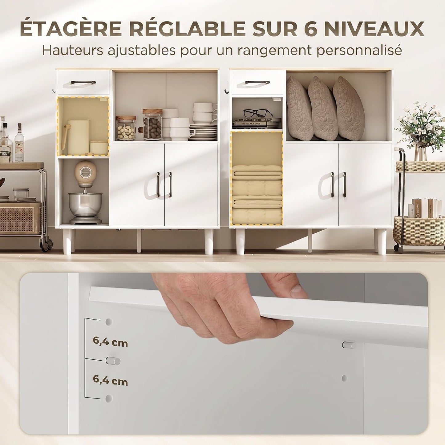 Buffet Cuisine 1 Tiroir 3 Portes 80 X 34 X 91 Cm Blanc Et Chêne | Meuble De Rangement, 1 Porte En Acrylique Cannelée, Étagère Ouverte, Style Moderne, Pour Salon Et Chambre