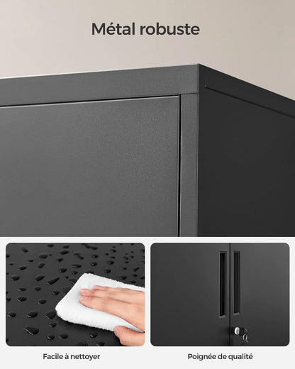 Caisson De Bureau, Placard Polyvalent, Armoire De Bureau À 2 Portes, Verrouillable, En Acier, Pour Salon, Noir Mat OMC013B01