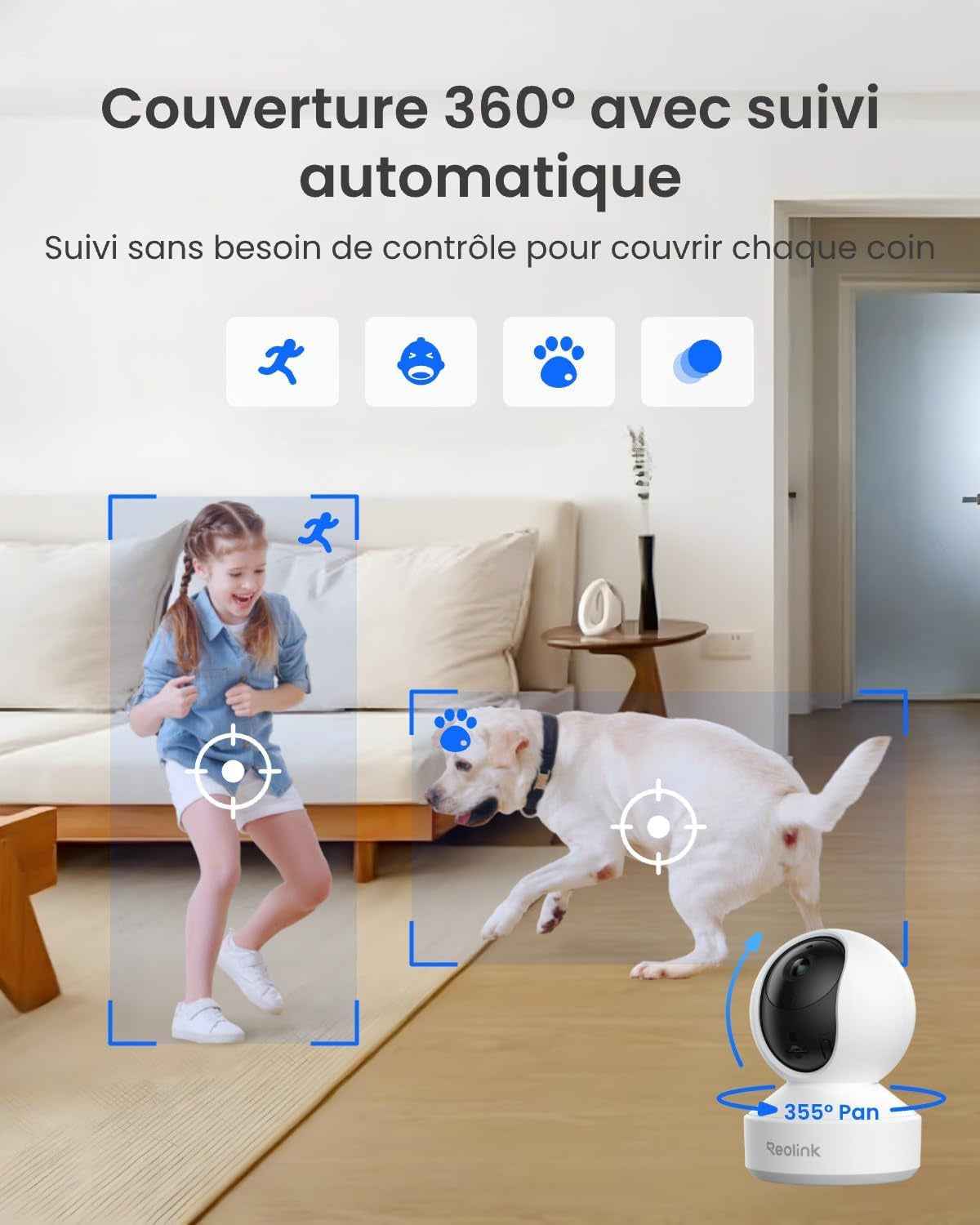 3K 5MP Caméra Surveillance Wifi Intérieure 360° PT, E1 Pro | Suivi Automatique, Détéction De Personne/Animal/Pleurs De Bébé, Wi-Fi 2,4/5 Ghz, Vision Nocturne, Audio Bidirectionnel.