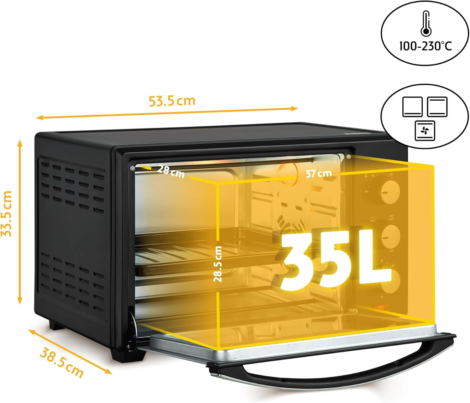 TZS First Austria Mini Four 35L, Four À Convection 1600W, Digital, Minuterie, Porte Double Vitrage, Chaleur Voûte Et Sole, Jusqu'À 230 Degrés Réglage, Grille Et Plaque De Four, Four À Pizza, Noir