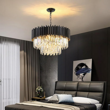 Moderne Lumière En Cristal De Luxe Suspendue, Lustre En Cristal Noir, 8Xe14 Raindrop Lustre Lumière Plafonnier Encastré Pour Salle À Manger, Φ60Cm