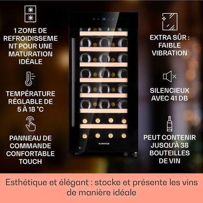 Cave a Vin, Réfrigérateur À Vin Avec Porte En Verre, Cave À Vin De Vieillissement, Zone Unique, Prosecco, Bière, Ecran Tactile, Réfrigérateur Bar, Frigo, Protection UV, 5-18°C, 38 Bouteilles
