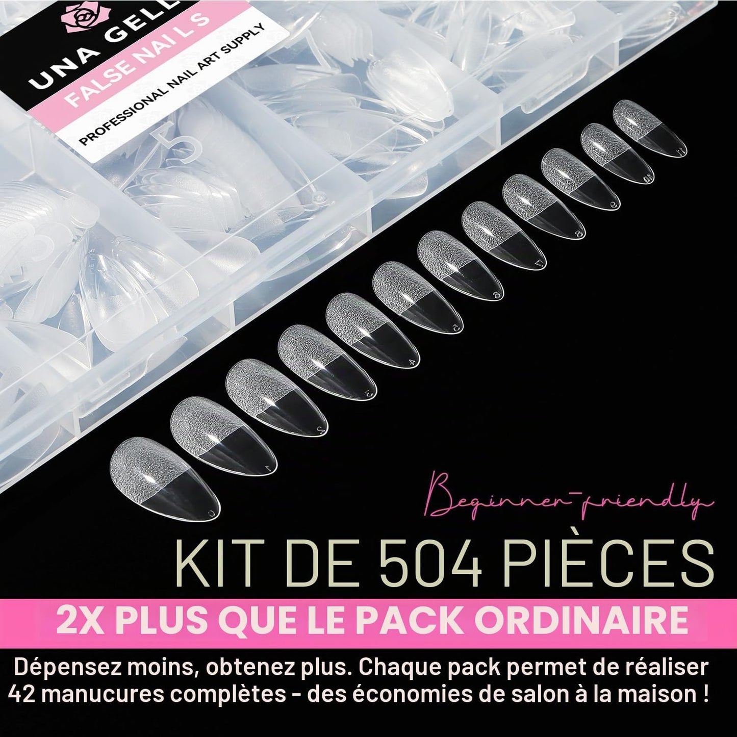 Capsule Américaine Ongles Amande Moyenne 504 Pièces | Faux Ongles Couverture Totale, Gel Souple Sans Courbure En C, Idéal Pour Extensions D’Ongles Et DIY À La Maison 12 Tailles