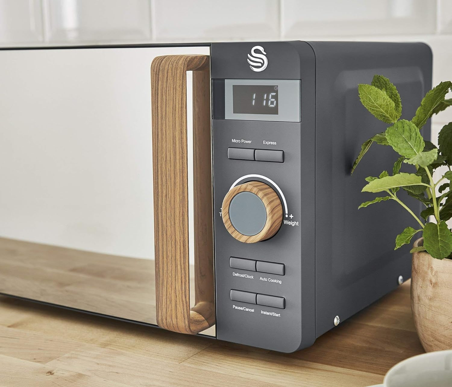 Nordic Micro-Ondes Numérique 20 L, 6 Niveaux De Fonctionnement, 800 W Puissance, Minuterie 30 Min, Nettoyage Facile, Mode Dégivreur, Design Moderne, Poignée Effet Bois, Gris Mat