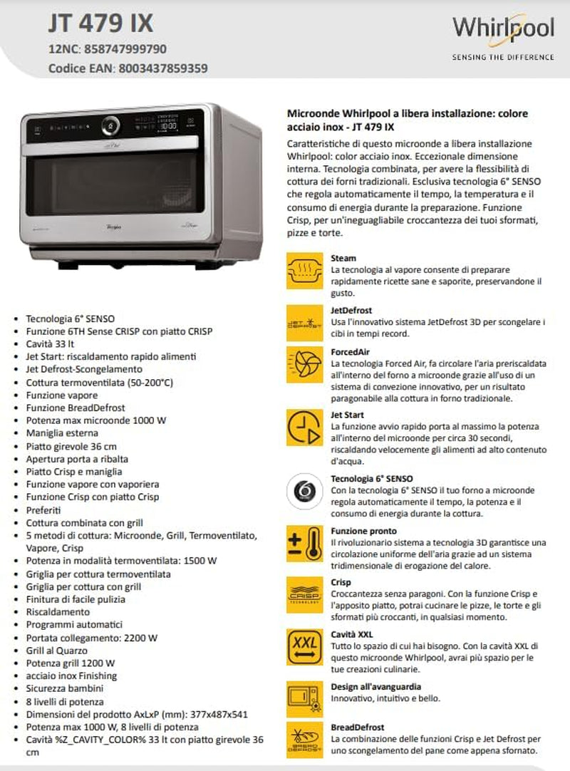 Whirlpool JT479IX Micro-Ondes 33 L Noir, Argent