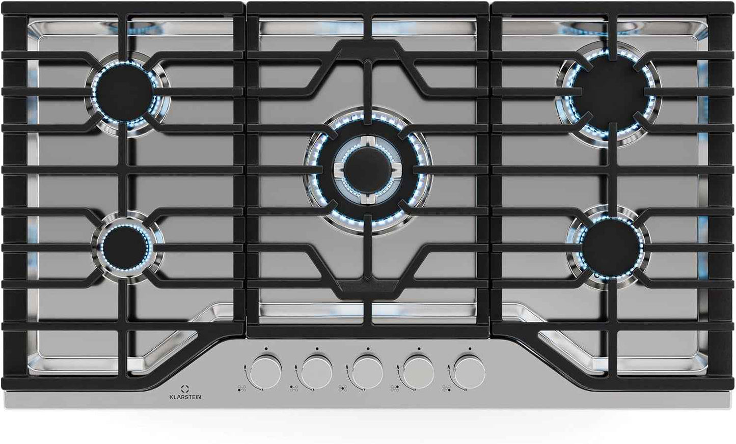 Klarstein Turbocast Plaque De Cuisson Gaz - 5 Brûleurs, Inox 304, 3.4Kw Wok, Allumage Auto & Sécurité, Kit Conversion GPL, Plaque Au Gaz Professionnelle