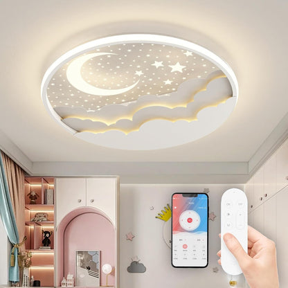 LED Plafonnier Pour Enfants, Créative Étoile Et Lune Lampe De Plafond Enfants, Dimmable Acrylique Plafonnier Avec Télécommande, 3000-6000K, Moderne Filles Garçons Chambre Lampe,Blanc,50Cm