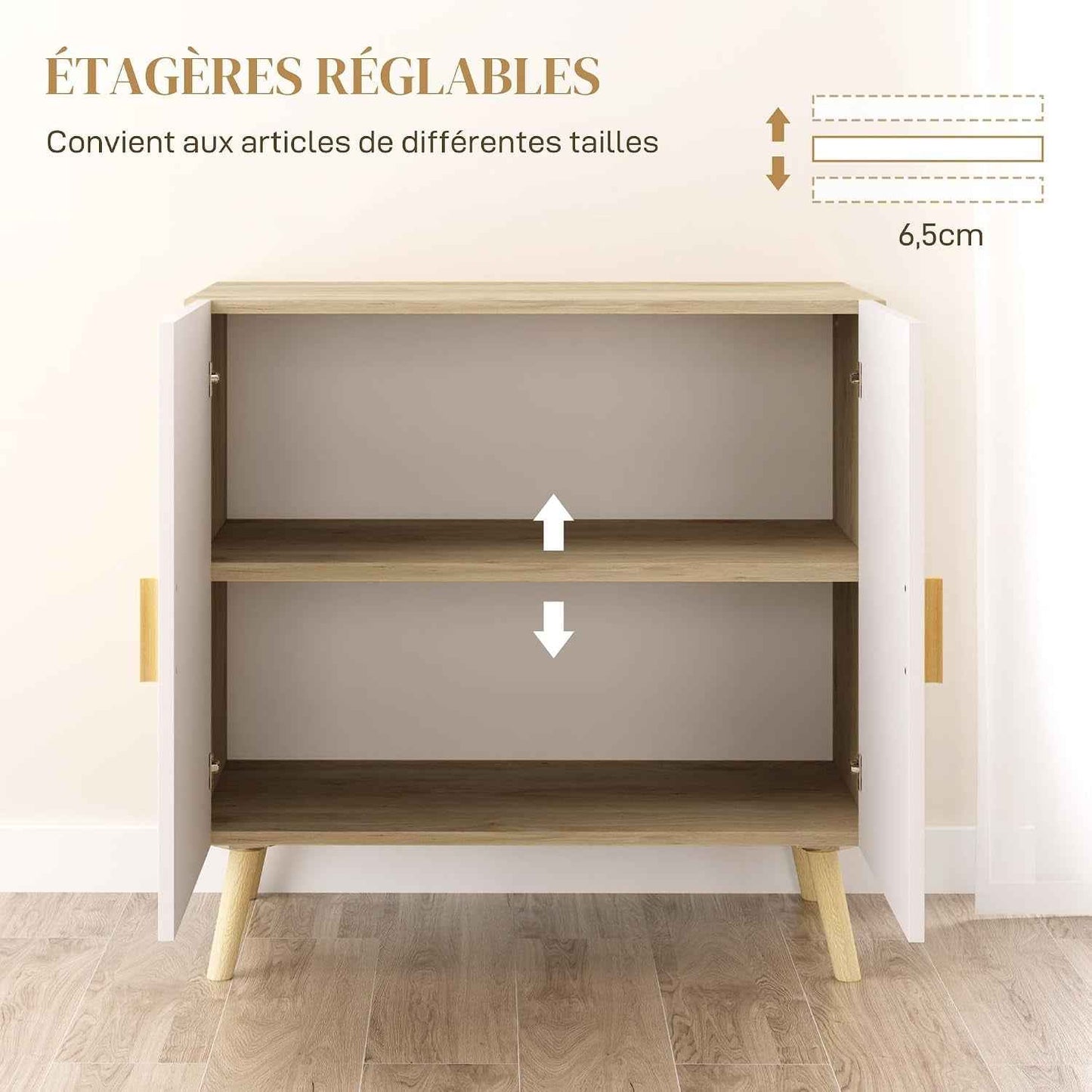 Buffet, Meuble De Rangement, Avec Poignées En Bambou, Étagère Ajustable, Base Surélevée, Pour Salon Cuisine Salle À Manger, 76 X 41,2 X 74 Cm Blanc Et Bois Naturel