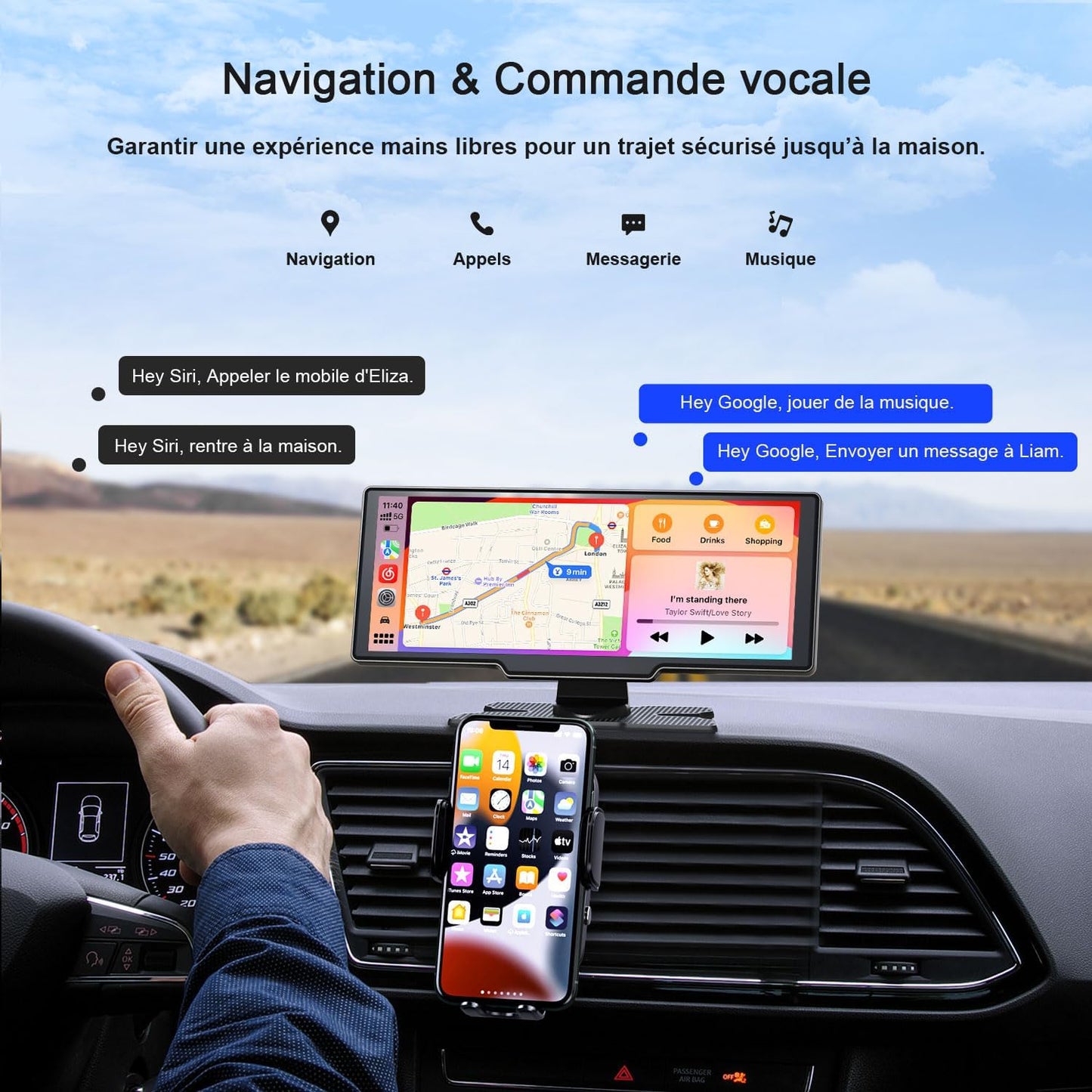 9,26'' Carplay Voiture Apple Carplay & Android Auto, Dashcam Avant | 4K + Caméra De Recul HD, 60FPS, Mise À Jour OTA, GPS, Commande Vocale, Mirror Link, Bluetooth 5.2, AUX, Fm，Avec 64Go Carte