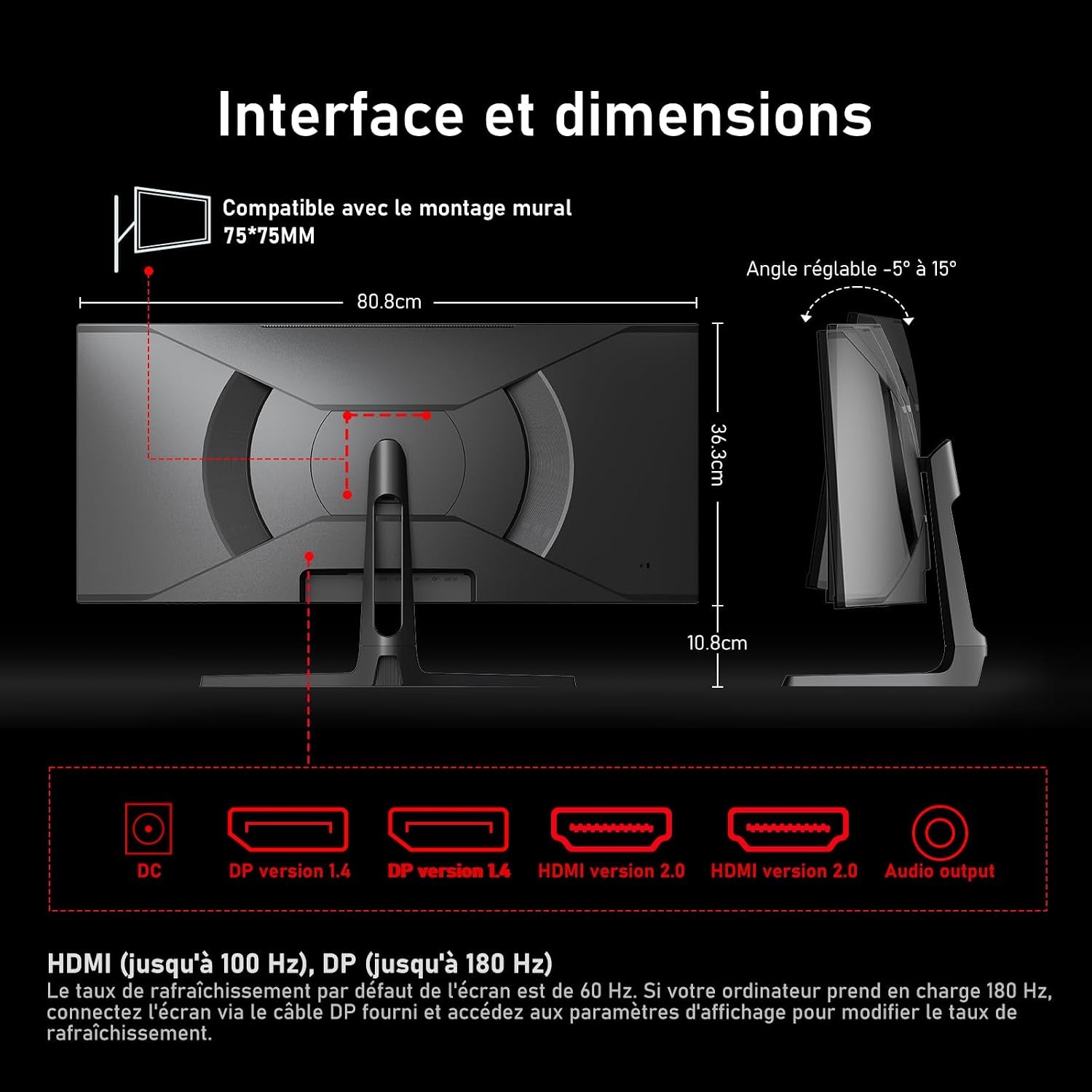 Écran PC Ultra Large 34 Pouces 1500R Incurvé 180Hz Gaming Computer Moniteur,21:9 Uwqhd(3440X1440)，128% Srgb，Freesync，Hdr，178 ° Angle Vue，Displayport、Hdmi，Vesa 75 * 75Mm-Noir