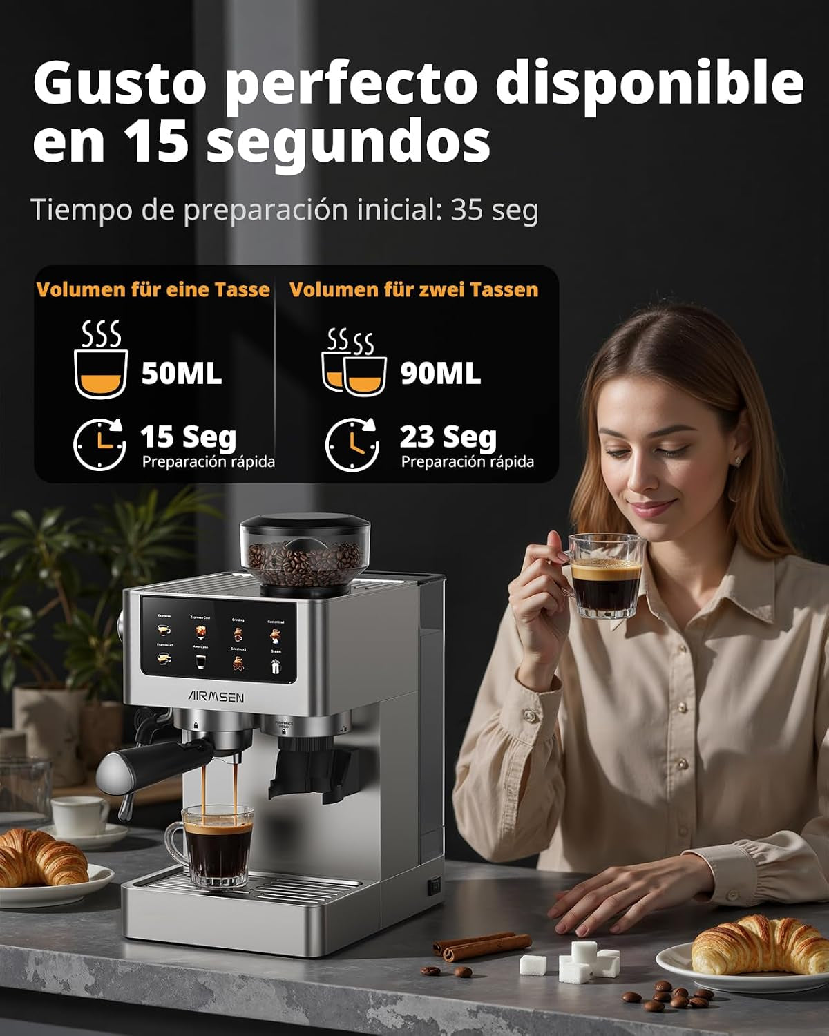 20 Bar Espresso Machine À Café Grain Avec Mousseur, 10 Réglages De Mouture, Ecran Tactile, En Acier Inoxydable, Réservoir 1,8 L- Espresso, Café Froid (Cold Brew), Americano Et Latte
