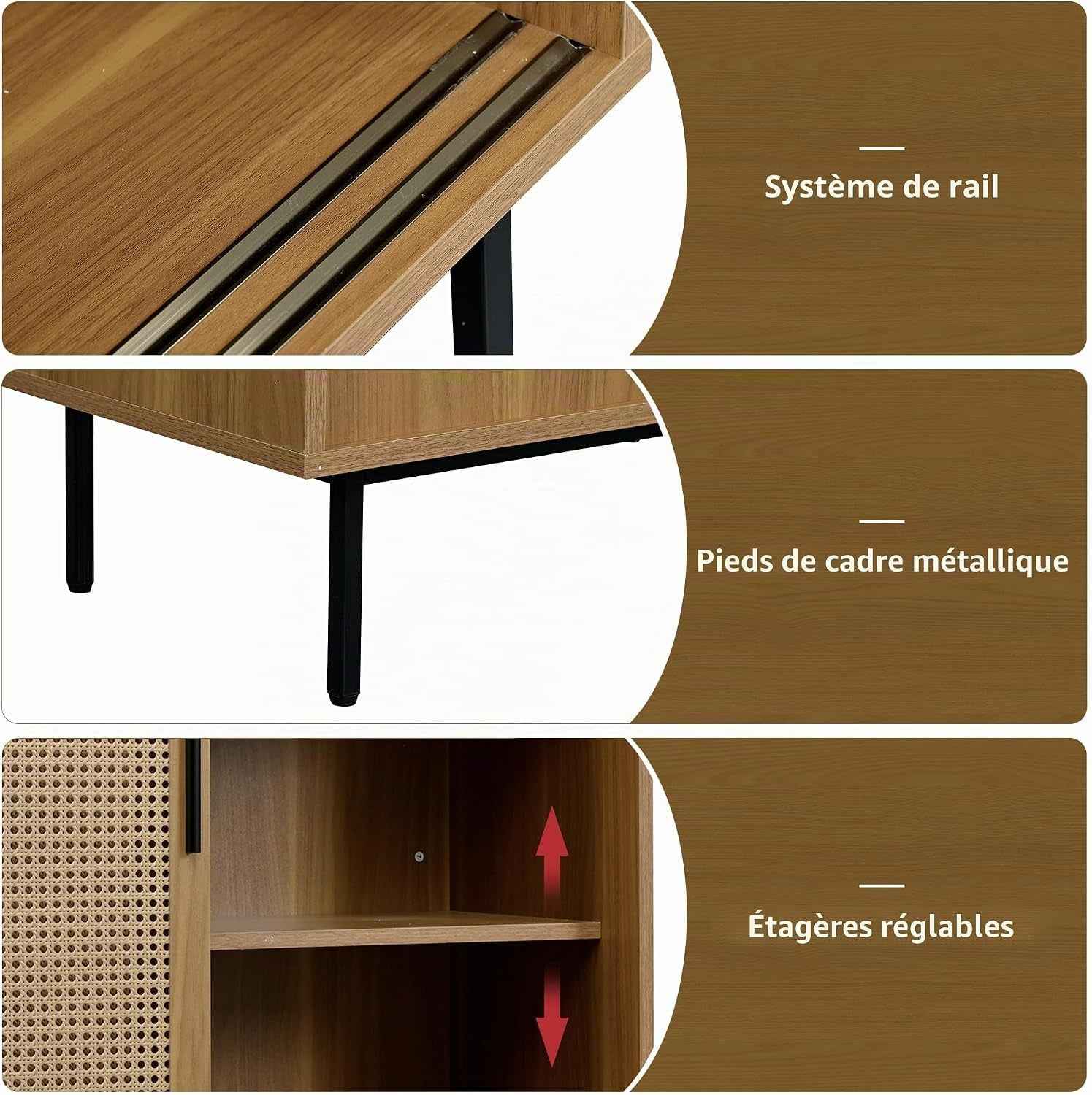 Sideboard Küchenschrank, Commode Avec 2 Portes Coulissantes, Ablage Réglable, Style Rustique, 100X90X37Cm