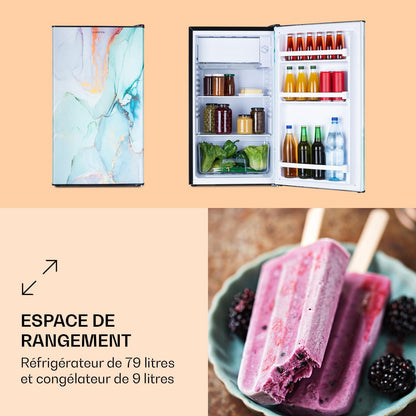 Coolart - Combiné Réfrigérateur-Congélateur, Réfrigérateur Avec 2 Niveaux De Refroidissement, Façade Design, Thermostat Avec 5 Niveaux, 0 À 10 ° C, Capacité 79 Litres - Design Pastel