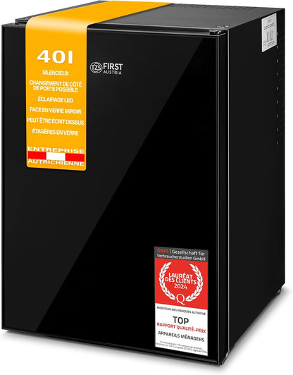 TZS First Austria Mini Frigo De Chambre 40L - Petit Frigo Pratique Et Compact - Idéal Pour Chambre, Bureau, Dortoir - Mini Frigo Économique En Énergie, Éclairage LED, Noir