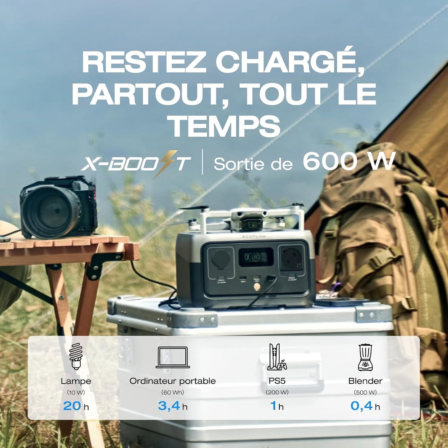 Station Électrique Portable  RIVER 2, Batterie Lifep04, 256 Wh/Charge Rapide En 1 Heure, Sortie 600 W Max, Générateur Solaire Pour Camping Extérieur/Camping-Cars Avec Câble Solaire | Charge Rapide En 1 Heure, Batterie Nomade Sortie 600 W Max, Générateur S