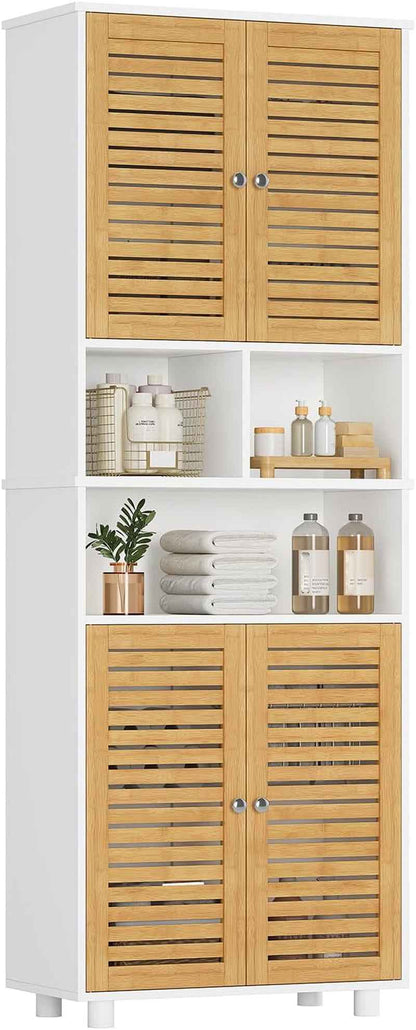 Meuble Colonne De Salle De Bain, Armoire Haute Cuisine Avec 3 Étagères Réglables Et Ouvertes, 4 Portes En Bambou, Meuble De Rangement Pour Salon, Cuisine, Salle De Bain, 60X30X170 Cm