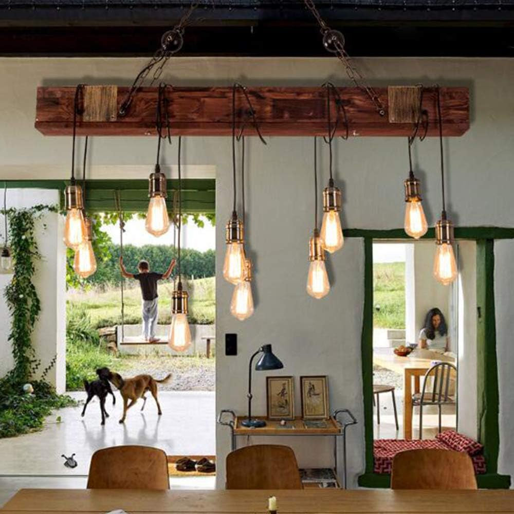 Lustre Industriel Suspension En Bois Élingue En Métal Rustique Poutre En Bois Marron Grand Îlot Linéaire Lampes Suspendues À La Main Ferme Luminaire Salon Chambre Cuisine Couloir Éclairage De Cuisine