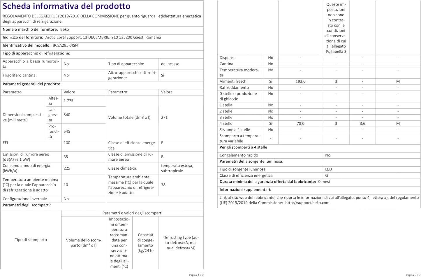 Beko BCSA285K4SN Réfrigérateur Combiné - Encastrable, Volume Total 271L : 193L (Réfrigération) + 78L (Congélation), Minfrost, Compresseur Prosmart Inverter, Zone 0°C, 35 Db, Classe E