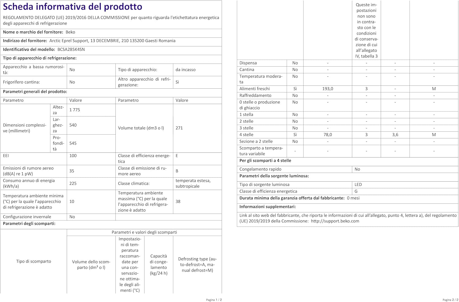 Beko BCSA285K4SN Réfrigérateur Combiné - Encastrable, Volume Total 271L : 193L (Réfrigération) + 78L (Congélation), Minfrost, Compresseur Prosmart Inverter, Zone 0°C, 35 Db, Classe E