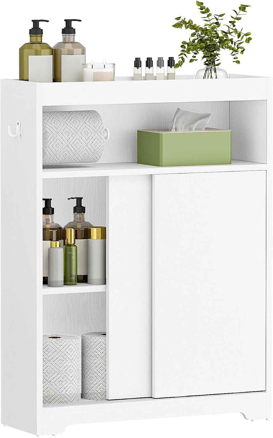 Meuble De Salle De Bain, Meuble Toilette Avec Rangement Papier Toilette Et Crochets, Portes Coulissantes, Étagère Réglable, 20 X 60 X 80 Cm, Blanc BC62813X
