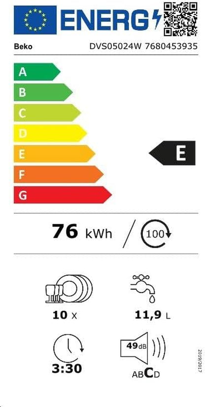 Beko DVS05024W Lave-Vaisselle Autoportante 10 Couverts E