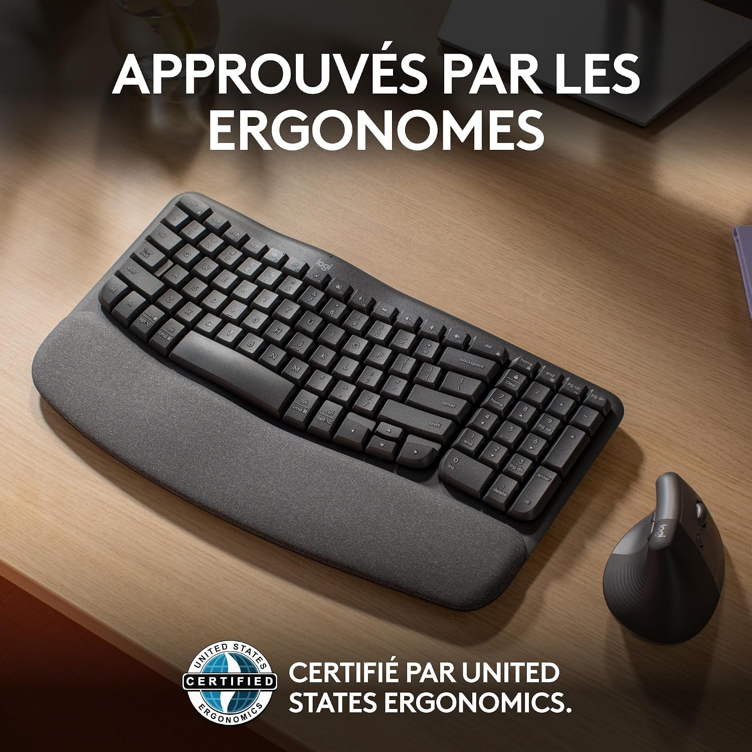 Wave Keys - Clavier Ergonomique Sans Fil (Graphite) | Repose-Poignets Rembourré, Frappe Naturelle, Easy-Switch, Bluetooth, Récepteur Logi Bolt, Multi-Se, Windows/Mac, AZERTY