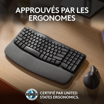 Wave Keys - Clavier Ergonomique Sans Fil (Graphite) | Repose-Poignets Rembourré, Frappe Naturelle, Easy-Switch, Bluetooth, Récepteur Logi Bolt, Multi-Se, Windows/Mac, AZERTY