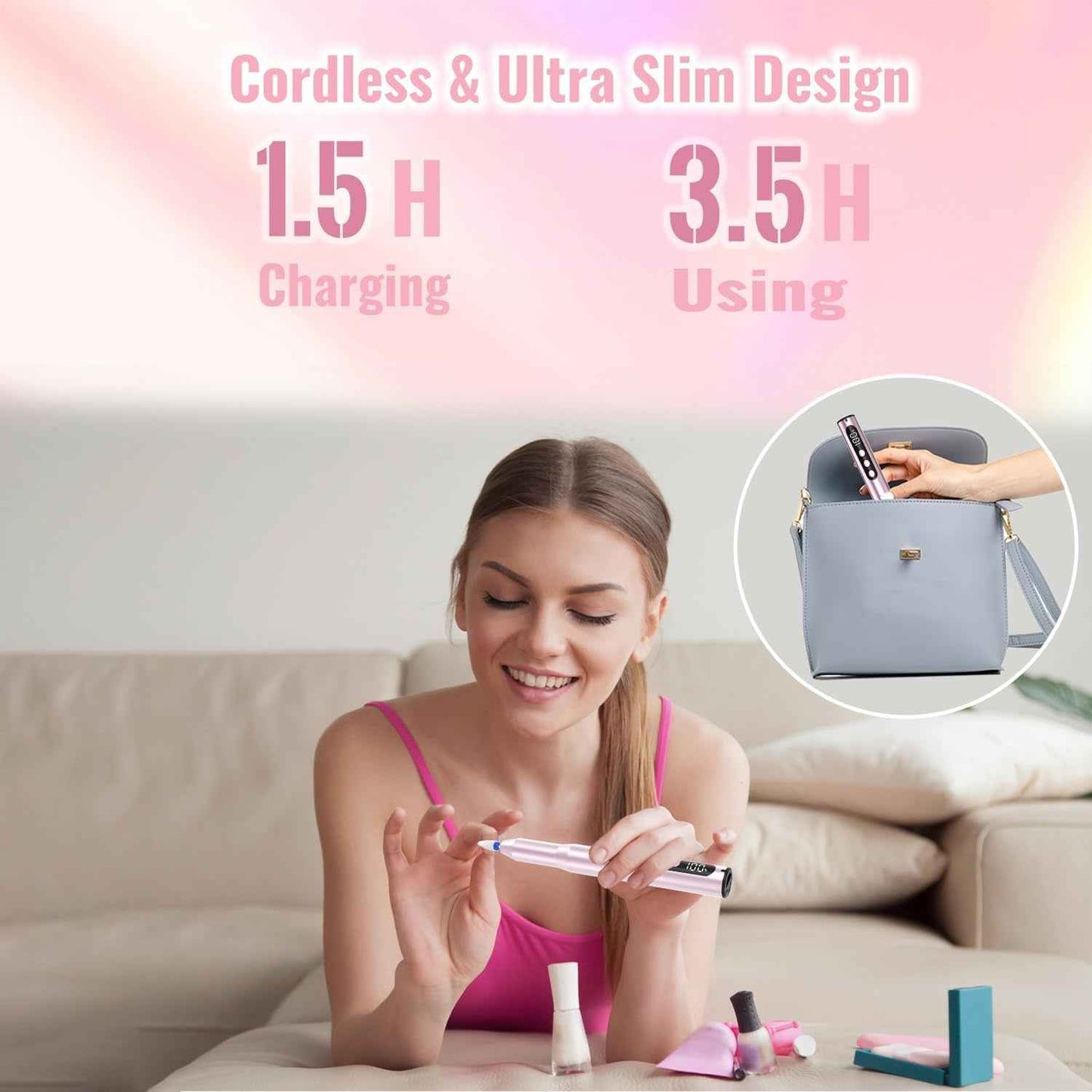 Ponceuse Pour Ongles Sans Fil 35000 Tr/Min Lime a Ongle Electrique | Professionnelle 12 En 1 Ponceuse À Ongles Avec Écran LCD, Portable Kit De Manucure Et Pédicure 5 Vitesse Réglable Rose
